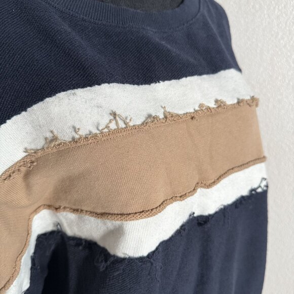 Aemi & Co Size L Frayed Colorblock Crew Neck Sweater Navy/Tan/White Cotton Blend - Picture 2 of 10